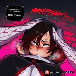 1boy 2girls :>= ai_generated artist_name black_hair blush bodysuit breasts colored_skin deepthroat english_text fellatio futa_with_female futanari grey_eyes hands_on_another's_head head_grab irrumatio large_breasts looking_at_viewer multiple_girls oral patreon_username penis pov pov_crotch rape rolling_eyes ruby_rose rwby salem_(rwby) saliva short_hair solo_focus speech_bubble sweat tillian web_address