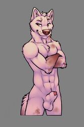 2018 abs animal_genitalia animal_penis anthro balls brown_fur canine canine_penis crossed_arms fur grin knot knot_in_sheath male male_only mammal navel nude penis penis_tip red_eyes sheath simple_background smile solo standing tsaiwolf white_fur wolf