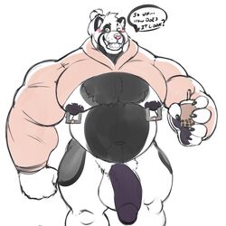 anthro balls beverage big_penis flaccid looking_at_viewer male male_only mammal meme musclechub muscular muscular_male nipple_piercing nipples open_mouth pecs penis piercing pubes red_panda siriusdog smile solo standing twitter_hoodie