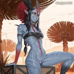 ai_generated alien alien_girl ass avatar avatar:_fire_and_ash blue_skin bra breasts earrings female luckyen451 na'vi no_panties nude pussy seductive_eyes shaved_pussy smiling spread_legs tattoo varang yellow_eyes