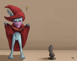 3_fingers 3_toes absurd_res balls cloak clothing confusion cum dildo erection hat hi_res magic_user male male_only masters_of_the_universe orko penis pointy_ears precum presenting red_cloak red_hat sex_toy silas_blackwing toes trollan