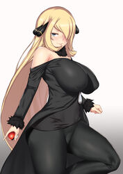 1girls ass aster_crowley black_legwear blonde_hair blue_eyes breasts clothed cynthia_(pokemon) dress eyelashes female female_only fur_collar hair_ornament hair_over_one_eye half-closed_eyes holding huge_breasts human impossible_clothes large_ass leg_up long_hair looking_at_viewer nintendo pants poke_ball pokemon pokemon_dppt smile solo source_request spread_legs standing thick_thighs voluptuous white_background wide_hips