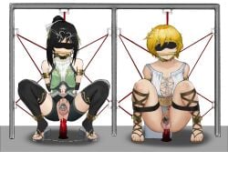 2boys absurdres anal anal_object_insertion arms_behind_back bare_shoulders bit_gag black_gloves black_hair black_thighhighs blindfold blonde_hair bound bound_arms chastity_cage chastity_cage_emission clothing_cutout collar collarbone commentary_request dildo drooling elbow_gloves elegia femboy femboy_only femboysub gag gagged gloves green_shirt highres large_variant_set long_hair male male_only malesub multiple_boys navel_cutout object_insertion open_mouth original ponytail pubic_tattoo restrained sandals separated_legs sex_toy shirt short_hair shorts sleeveless sleeveless_shirt small_chastity_cage spread_legs squatting stationary_restraints stirrup_legwear submissive_male tattoo testicles thighhighs tiya_(yi_er_san_si) toeless_legwear trap variant_set