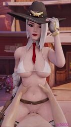 10_seconds 1boy 1girls 3d 9:16 animated arti202 ashe_(overwatch) bikini_top blender breasts cleavage cowboy_hat cowgirl cowgirl_position female female_on_top hat large_breasts male necktie no_sound overwatch partial_male penis pov pussy sex shorter_than_10_seconds straight sехual underboob vaginal vaginal_penetration vertical_video video waist_grab white_hair