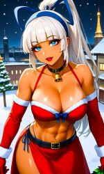 1girls abs ai_generated archer beautiful bell belt billiemi02 blue_ribbon bridal_gauntlets busty_female christmas christmas_bikini city_background curvy_female dark_skin eiffel_tower eyelashes eyeshadow fantasy female_only fighting_game france gloves heavenly_face hills holidays hot large_breasts lipstick majikina_mina paris perfect_body ponytail samurai_shodown skirt snk snow snowfall snowy_tree solo stable_diffusion tan_lines thick_thighs video_game_franchise video_games white_hair