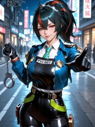 1girls absurd_res ai_generated artist_name big_breasts bigz_ai black_hair breasts city cuffs curvy curvy_figure female female_only handcuffs headband headgear highres hoyoverse large_breasts light-skinned_female light_skin looking_at_viewer mihoyo pointing_at_viewer police police_uniform smug solo teasing thick_thighs zenless_zone_zero zhu_yuan