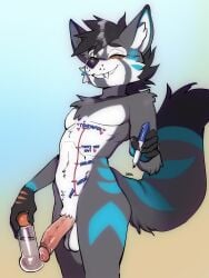 absurd_res anthro balls black_hair black_nose black_tail_tip blue_background blue_markings body_writing bong canid canine canis chest_tuft dipstick_tail domestic_dog doxy drugs english_text erection featureless_chest fluffy fluffy_hair fur genitals graded_belly gradient_background grey_body grey_fur hair heart_symbol hi_res holding_bong holding_marker holding_object humanoid_genitalia humanoid_hands humanoid_penis inner_ear_fluff looking_at_viewer male mammal marker markings medium_hair navel nude_anthro nude_male penis simple_background smile smiling_at_viewer snaggle_tooth solo tail tail_markings text tuft vein veiny_penis white_body white_fur white_inner_ear white_inner_ear_fluff writing_on_belly writing_on_chest yellow_background