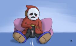 1boy absurd_res balls blue_background blue_shoes blush clothing cum erection full_body hi_res male male_focus male_only mario_(series) mask masturbation nintendo no_humans penis pillow red_hood shy_guy silas_blackwing simple_background sitting solo testicles video_games