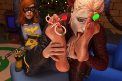 2girls 3d 3d_(artwork) 3d_model 3d_render barbara_gordon batgirl batgirl_(barbara_gordon) batgirl_(gotham_knights) batman_(series) blonde_hair blue_eyes blue_highlights boots boots_removed candy candy_cane christmas christmas_present christmas_tree costume dc dc_comics detailed_feet elevenstairs facepaint feet feet_up female female_only foot_fetish foot_focus footwear footwear_removed freckles freckles_on_face gotham_knights green_eyes hands_on_feet harley_quinn harley_quinn_(arkham) harley_quinn_(suicide_squad_game) holding_object_with_feet licking licking_feet lipstick lollipop makeup mask masked masked_female multicolored_hair red_hair red_highlights red_lipstick soles suicide_squad suicide_squad:_kill_the_justice_league tongue tongue_out white_facepaint