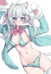 @_@ absurdres ahoge animal_ear_fluff animal_ears animal_hands arms_up bikini blue_bikini blue_eyes blue_jacket blush bow bow_bikini bowtie breasts cat_ears cat_girl cat_paws cat_tail commentary female fish_skeleton_hair_ornament gloves grey_hair groin hair_ornament hair_ribbon highres indie_virtual_youtuber jacket korean_commentary long_hair long_sleeves medium_breasts metaljelly nachu_(vtuber) navel nose_blush open_clothes open_jacket open_mouth paw_gloves paw_hair_ornament pink_bow pink_bowtie pink_ribbon ribbon simple_background solo swimsuit tail thighhighs twintails virtual_youtuber white_background white_thighhighs
