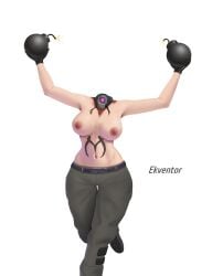 1girls 2d arms_up beheaded_kamikaze black_pants bomb boobs boobs_out breasts ekventor female female_only girl headless nipples open_breasts pants red_eyes running serious_sam solo solo_female without_bra