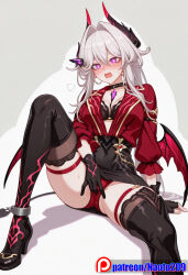 1girls ai_generated black_bra black_skirt devil_tail horn naotopanchira panties pantyshot pencil_skirt purple_eyes red_jacket solo_focus succubus thelema thelema_(honkai_impact) thelema_nutriscu upskirt white_hair