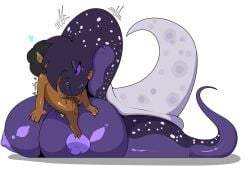 anthro big_breasts breasts duo fellatio female feral gastropod hi_res huge_breasts kingbeast larger_female male male/female mollusk nipples oral penile purple_body purple_eyes purple_nipples reptile scalie sex shell simple_background size_difference snail snake snittle white_background zoophilia