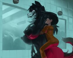 1boy 1girls 2d areola areolae black_fur black_hair breasts canid canine female furry greasymeta hi_res highres huge_breasts human humanoid licking licking_armpit mal0 male male/female malo nipples scp-1471 scp-1471-a scp_foundation short_hair tagme tail tits