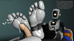 1boy1girl caption chamber cum_on_feet ejaculation feet fog foggy foot_fetish footjob glados grey_skin laying_down penis portal_(series) robot robot_girl screen_face semen_on_feet soles soles_fetish yellow_eyes yellow_toenails