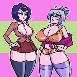 2girls bimbo blue_eyes blue_hair breasts busty cleavage clothing_swap cosplay cowboy_bebop crossover crossover_cosplay eyeshadow faye_valentine faye_valentine_(cosplay) female female_only glasses gray-eggs-n-ham hairband huge_breasts human human_only large_breasts lipstick makeup multiple_girls nipple_bulge pale-skinned_female pale_skin prison_school purple_hair school_uniform shiraki_meiko shiraki_meiko_(cosplay) short_hair thighhighs voluptuous white_hair