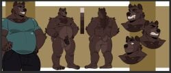 000atanerriaper000 angry anthro balls barefoot bear black_bottomwear black_clothing black_pants blue_clothing blue_shirt blue_topwear bodily_fluids bottomwear brown_body brown_fur butt clothed clothed_anthro clothed_male clothing disgust disgusted_expression disgusted_face ears_up eyebrows feet frank_the_tank_(max_damage) fur genitals happy looking_forward male mammal model_sheet muscular muscular_anthro muscular_male navel nipples nude pants penis saliva shirt smile solo standing strong_fat tail teeth teeth_showing topwear