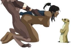 1boy 1boy1girl 1girls anal anal_insertion anthro arm_grab arms_crossed arms_held_back avatar_legends aye-aye blue_eyes breasts breasts_out dark-skinned_female dark_skin doggy_style female female_on_anthro from_behind_position hanging_breasts human human_on_anthro korra lemur male male/female medium_breasts meerkat nipples open_mouth prison_guard_position pubic_hair rape screaming sex spirit_(avatar) the_avatar the_legend_of_korra watching water_tribe white_background wide_eyed zoophilia