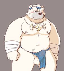 2017 anthro balls bear belly black_nose blush clothing erection flappydog fundoshi fur humanoid_hands japanese_clothing male male_only mammal moobs navel nipples overweight overweight_male penis polar_bear simple_background solo underwear white_fur