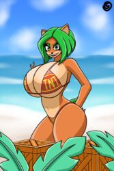 ami_bandicoot anthro beach bikini crash_(series) green_hair huge_breasts orange_skin smile smiling smiling_at_viewer tight_clothing valerya5