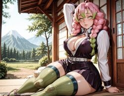 1girl ahoge ai_generated arm_up ass backdoorsenpai belt big_ass blush curvy demon_slayer demon_slayer_uniform egao feet female_focus foot_out_of_frame gradient_hair green_eyes green_hair hand_on_own_arm haori japanese_clothes kimetsu_no_yaiba large_breasts long_hair long_sleeves looking_at_viewer mitsuri_kanroji multicolored_hair naughty_face naugty_eyes perky_breasts pink_hair sandals sitting solo stretching thick_thighs thighs toes tri_braids waking_up wide_hips zettai_ryouiki