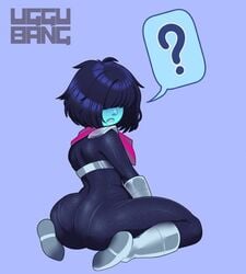 ambiguous_gender androgynous armor armored_boots armored_gloves ass_focus bangs_over_eyes big_ass black_hair blue_skin bodysuit deltarune fat_ass kris_(deltarune) question_mark red_scarf silver_boots skin_tight skin_tight_suit uggu_bang