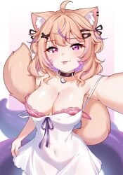 1girl ahoge animal_ear_fluff animal_ears bare_shoulders blonde_hair breasts choker cleavage collarbone diagonal_stripes dress eyebrows_visible_through_hair hair_bow hair_ornament hair_ribbon hairclip heart indie_virtual_youtuber large_breasts long_hair looking_at_viewer multicolored_hair navel purple_eyes ribbon self_shot smile solo squchan_(vtuber) strap_slip streaked_hair striped tail tongue tongue_out underwear virtual_youtuber vyugen