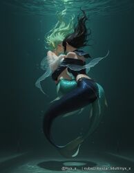 2girls ai_generated air_bubble bare_shoulders black_hair breasts bubble closed_eyes floating_hair green_hair head_fins long_hair mermaid monster_girl multiple_girls navel nyx_x sensitive submerged underwater water watermark yuri