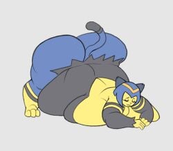 1girls animated anthro ass bee-unit belly blue_hair breasts cat cleavage closed_eyes eyes_closed fat feline feline_humanoid female female_focus female_only furry hips hyper hyper_breasts large_ass large_breasts overweight overweight_female palworld pocketpair sekhmet_(pal) shaking_ass stomach stretching thick_thighs thighs weight_gain wide_hips yellow_fur