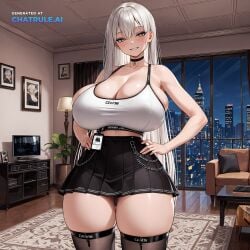1girl 8k abstract_background adult ai_assisted ai_generated anime_coloring ass black_clothing breast_expansion cinematic cityscape cleavage depth_of_field enormous_breasts eyes_half_closed from_behind home in_heat indoors large_breasts living_room night_time nikke oversized_breasts scenery screencap seductive_eyes seductive_smile short_stack skirt thick_thighs thighhighs thighs tiny_waist uncensored white_hair wide_hips yellow_eyes