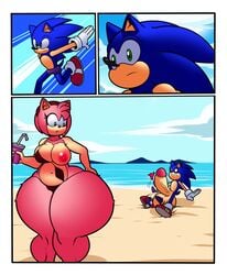 amy_rose beach big_penis clothing comic eulipotyphlan exposed_torso female footwear handwear hedgehog huge_cock huge_thighs male mammal mostly_nude penis seaside smotrilla sonic_(series) sonic_the_hedgehog superbunnygt swimsuit swimwear