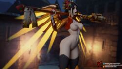 3d alternate_costume black_hair blender blizzard_entertainment breasts chinese_clothes lewy looking_at_viewer lunar_new_year lunar_new_year_series mercy nail_polish nipples overwatch pussy year_of_the_dog zhuque_mercy