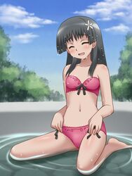 1girls awa black_hair blush bra breasts clothing female green_eyes hair long_hair matching_underwear open_mouth panties pink_bra pink_panties saten_ruiko spread_legs to_aru_kagaku_no_railgun to_aru_majutsu_no_index underwear