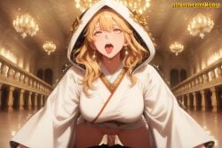 1boy 1girl ahegao ai_generated blonde_hair blush breasts ceiling_light censored chandelier clothed_sex cowgirl_position cum cum_in_pussy earrings erection gina_(solo_leveling) girl_on_top hair_between_eyes hetero hood hood_up indoors japanese_clothes jewelry kimono kimono_lift large_breasts long_hair long_sleeves looking_at_viewer mosaic_censoring nivora no_panties open_mouth penis pov pussy pussy_juice saliva sex solo_focus solo_leveling straddling teeth tongue tongue_out trembling uchikake upper_teeth_only vaginal wataboushi white_kimono wide_sleeves yellow_eyes
