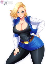 1girls android android_18 big_breasts blonde_hair blue_eyes breasts cleavage clothing dragon_ball dragon_ball_z female female_only fully_clothed hair hourglass_figure large_breasts law-zilla milf nail_polish pose simple_background skirt solo standing text thick_thighs url voluptuous watermark white_background wide_hips