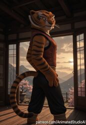 1girl, abs, ai_generated anthro, black_pants, fit, furry, indoors, mountain, muscular_female, patreon_username, standing, striped, sunset, tail, tiger, vest, watermark, window, wooden_floor, yellow_eyes,