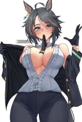 0ha 1girl bare_shoulders black_gloves black_hair black_jacket black_pants blue_eyes center_opening from_below fuji_kiseki_(shooting_star_revue)_(umamusume) fuji_kiseki_(umamusume) horse_ears horse_girl large_breasts looking_at_viewer mouth_hold multicolored_hair off_shoulder short_hair solo sweat umamusume umamusume_pretty_derby underboob white_hair white_shirt xkittyzx