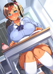 1boy 1girls blazer blonde_hair blush book bow bowtie breasts censored chair choukyou!_sekkan!_maji_kutsujoku!_aashi_bitch_ni_ochitan_dakedoo classroom dark_skin desk egg_vibrator erect_nipples erect_nipples_under_clothes female green_eyes gyaru highres indoors jacket large_breasts legs legs_together long_hair looking_at_viewer mosaic_censoring no_panties parted_lips ponytail pussy school_uniform sela_god short_ponytail sitting skirt solo_focus thighs tied_hair upskirt vibrator