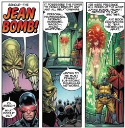 accurate_art_style ai_edit ai_generated alien aliens breasts closed_eyes clothed_male_nude_female comic_page comic_strip completely_nude completely_nude_female curvy_female cyclops_(x-men) female in_container jean_grey long_hair marvel marvel_comics navel nipples nude_female nude_female_clothed_male official_art phoenix_(x-men) red_hair restrained scott_summers speech_bubble stasis_pod stasis_tank stasis_tube submerged tube unconscious water_tank x-men