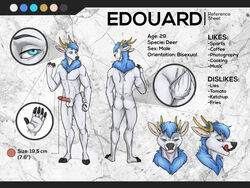 anthro ass balls cervine edouard_elrich english_text erection fur hi_res jaggiekant male mammal model_sheet nude penis solo text tongue tongue_out white_fur