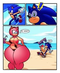 ! !! amy_rose ass beach big_breasts big_butt big_penis breasts clothing comic english_text eulipotyphlan exposed_torso female footwear handwear hedgehog huge_butt huge_cock huge_thighs hyper hyper_butt hyper_hips hyper_penis male mammal mostly_nude penis seaside smotrilla sonic_(series) sonic_the_hedgehog speech_bubble superbunnygt swimsuit swimwear text