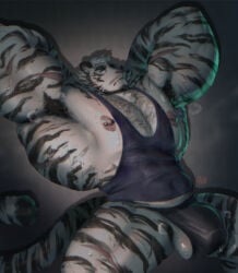 anthro arknights armpit_hair armpits balls bara barazoku big_penis body_hair bulge flaccid furry hands_behind_head huzzhuz male male_only mountain_(arknights) muscles muscular penis solo solo_male tiger white_fur