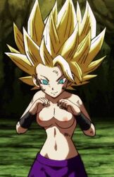 1girls accurate_art_style animated blonde_hair blue_eyes bouncing bouncing_breasts boxing breasts caulifla dragon_ball dragon_ball_super female fighting_stance fist green_eyes light-skinned_female light_skin looking_away nipples nude_filter outdoors pants saiyan scratches screencap short_hair small_breasts smile smiling spiky_hair standing super_saiyan super_saiyan_2 tits topless yellow_hair