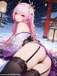 1girl ai_generated arlequin097 ass bare_shoulders black_garter_straps black_panties black_thighhighs breasts cyrene_(honkai:_star_rail) flower from_behind garter_straps hair_flower hair_intakes hair_ornament honkai:_star_rail honkai_(series) hoyoverse japanese_clothes kimono lantern large_breasts long_hair long_sleeves looking_at_viewer looking_back lying mihoyo obi off_shoulder outdoors panties parted_lips pink_eyes pink_hair purple_eyes purple_kimono sash smile snow snowing solo thighhighs thighs thong underwear very_long_hair white_flower wide_sleeves
