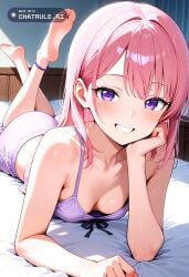 1girl ai_assisted ai_generated anklet bare_shoulders barefeet bedroom cleavage curvy_body detailed_feet eyes_half_closed feet_up grin looking_at_viewer narrow_waist petite pink_hair prone_position purple_eyes round_ass small_breasts soft_breasts the_pose tired wide_hips