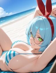 ai_generated bikini blue_hair blue_striped_bikini boobs breasts elf elf_ears elf_female elf_girl green_eyes indie_virtual_youtuber keisha_callie sexy striped_bikini tits vtuber