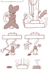 ! ... ? animate_inanimate anthro blush breasts condom female flattened inanimate_transformation machine mammal melty-sharks monochrome pussy rat rodent scissors simple_background sound_effects speech_bubble transformation what