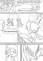 animal_genitalia balls bandai_namco clothing comic dewott dialogue digimon digimon_(species) dorumon dragon english_text eyewear fakemon fanmon generation_5_pokemon genitals glasses gloves guilmon hair handwear hi_res hybrid inside janus_the_dorumon kai_the_dewott maildramon male monochrome mythological_creature mythological_scalie mythology nintendo pokemon pokemon_(species) reptile scalie sheath sol_the_guilmon sven_the_giramon text veemon voidtails x-digimon yami_the_veemon
