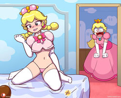 2girls 5_fingers bed bedroom biting_lip blonde_hair blush breasts caught crown dress earrings elbow_gloves female female_only funny furboz gloves grey_eyes humor jewelry mario mario_(series) new_super_mario_bros._u_deluxe nintendo open_mouth panties peachette pigtails pink_panties princess_peach shocked stockings super_crown super_mario_bros. tagme thighhighs toadette underboob