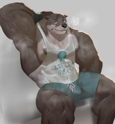 anthro armpit_hair armpits balls bara barazoku big_penis bulge echo_(series) echo_project flaccid furry hand_behind_head huzzhuz male male_only muscles muscular musk otter penis sitting solo solo_male sweat sweating todd_bronson